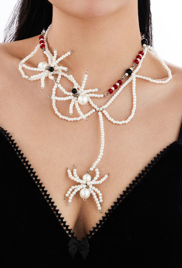 Halloween Gothic Spider-Shaped Beaded Necklace Dark Punk Style Multi-Strand Necklace Clavicle Chain
